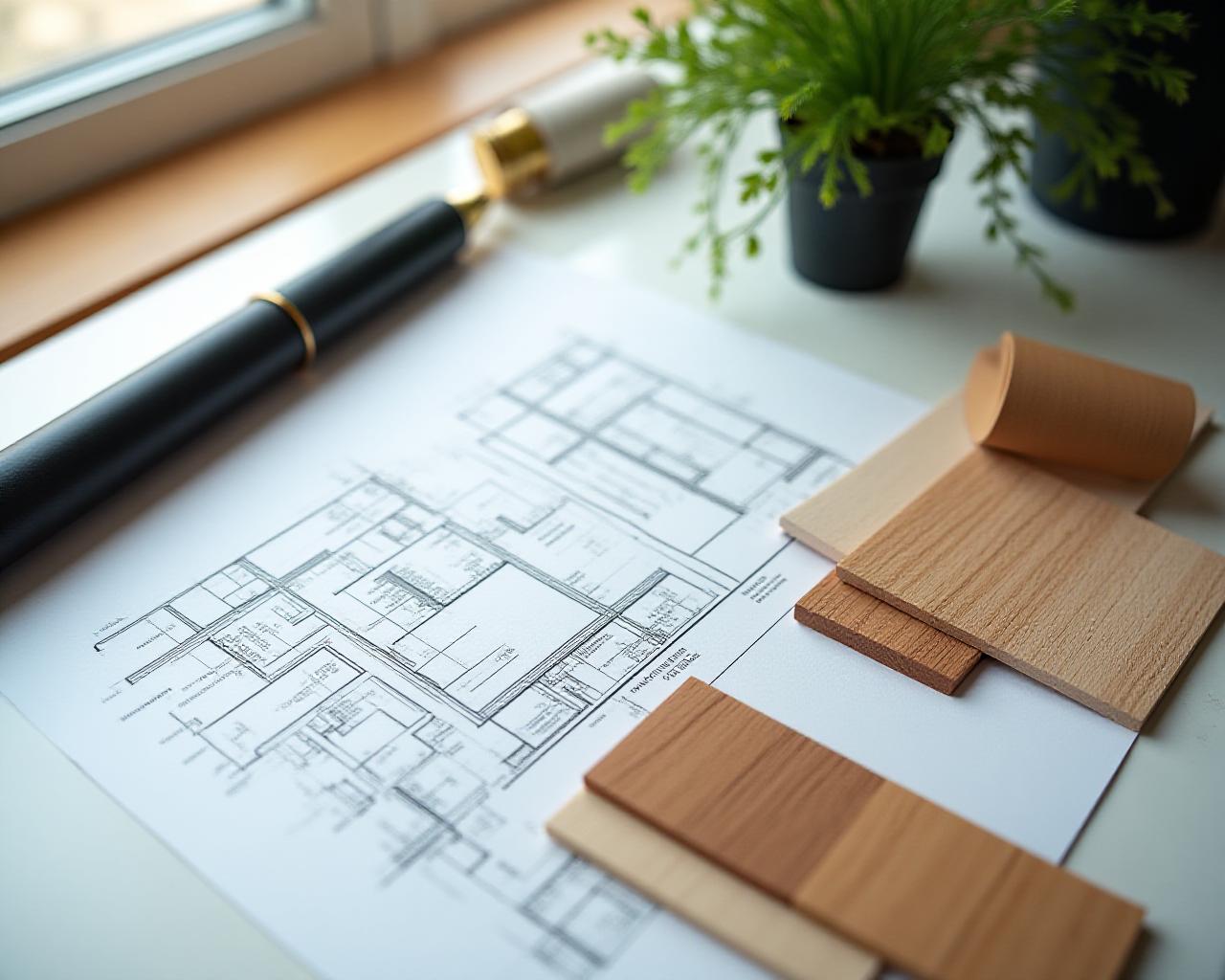 Close up of architectural blueprints and sustainable wood samples on a light stone surface
